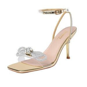 Susanny Gold Strappy Heel W/ Embellished Bow and Crystal Details Size 7.5‎